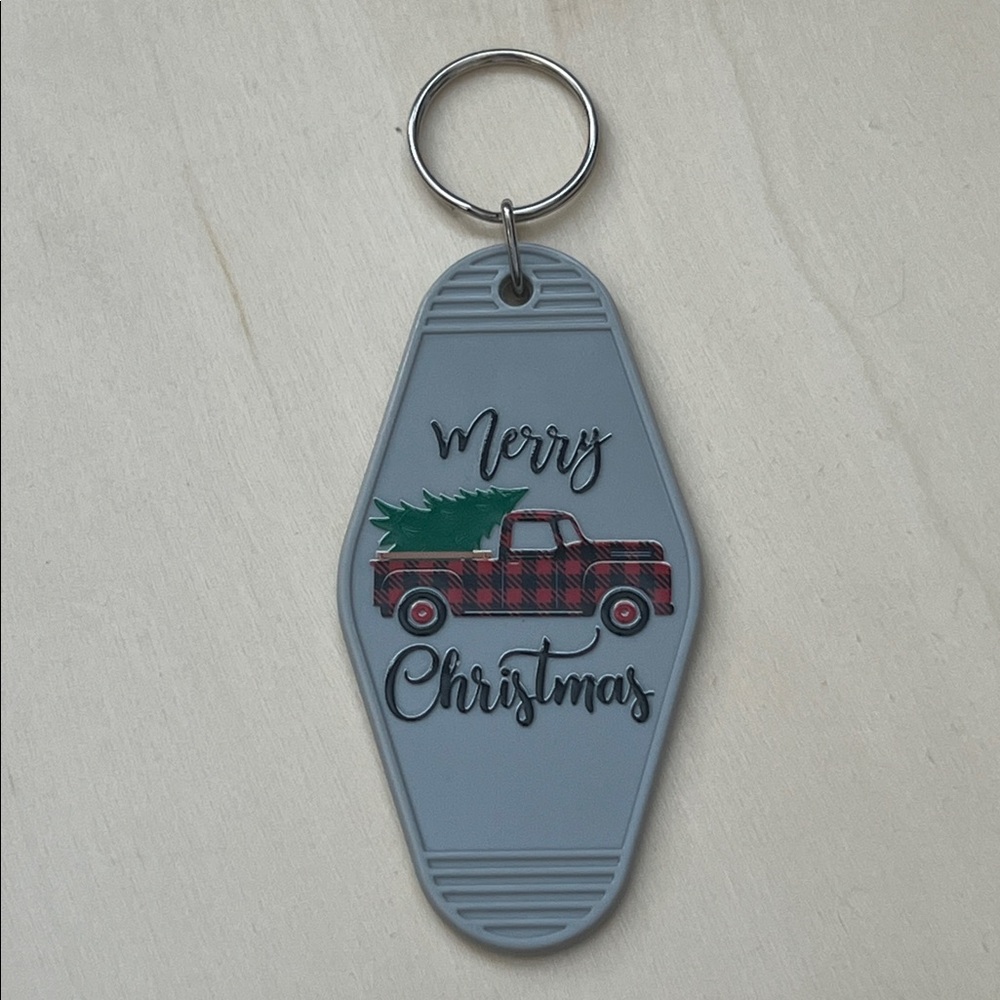 Merry Christmas Keychain | Gray Retro Motel Tag | Red Plaid Truck Tree
